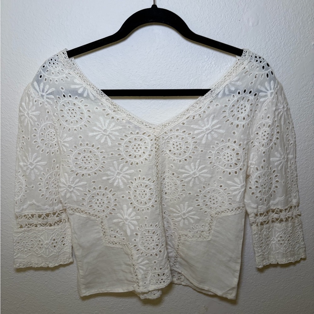 LoveShackFancy White Eyelet Lace V-Neck Women's Top - Picture 2 of 7